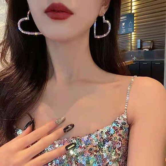 Huge Rhinestone Heart Gold Hoop Earrings CZ Crystal Hearts Pave Glam Hoops New - Picture 3 of 5